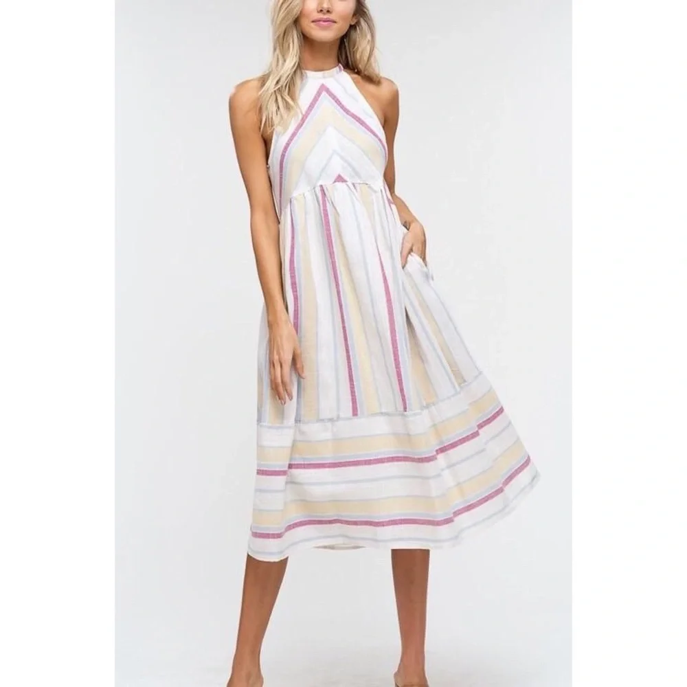 Ivory Multi Color Striped Woven High Neck Dress